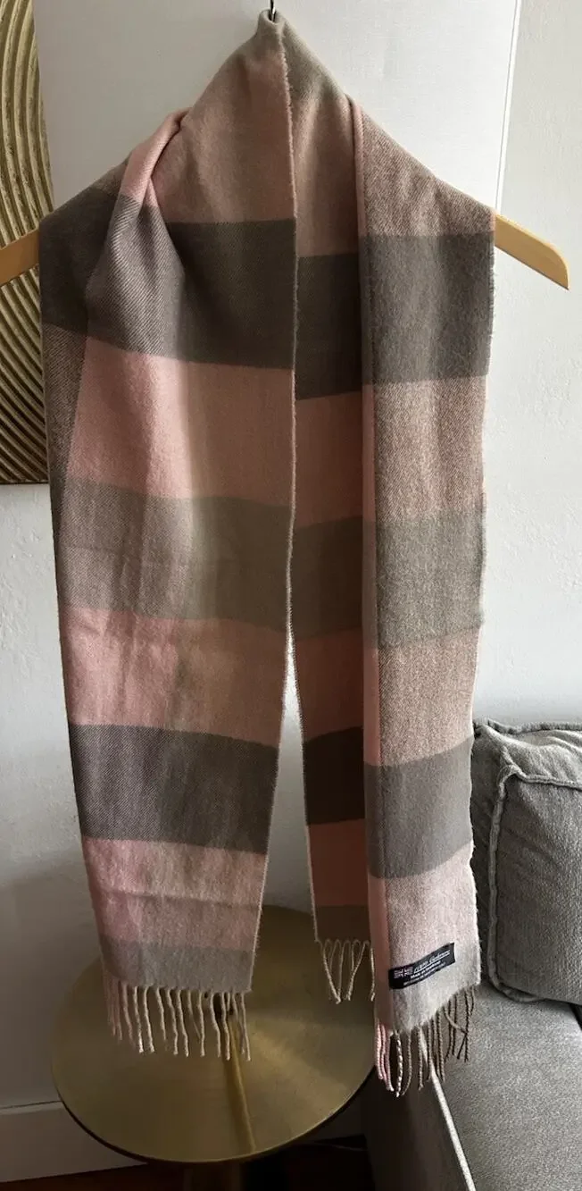 100% Cashmere Scarf Made in Scotland Plaid Tartan Pink Gray